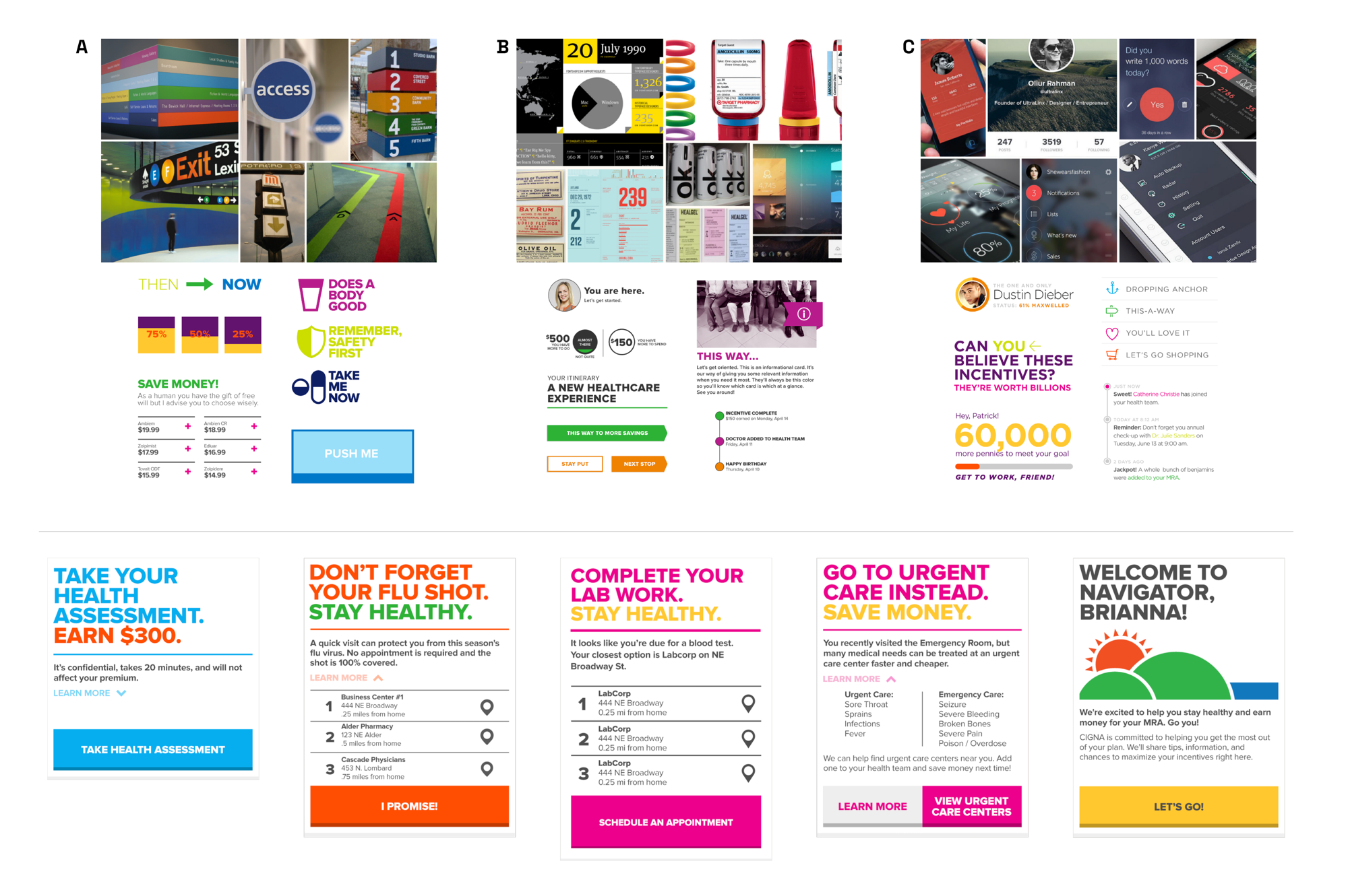 Visual language exploration mood boards pairing reference imagery (wayfinding signage, vintage ephemera, social app UI) with corresponding card-style message mockups — plus a row of five final card designs for health nudges like flu shot reminders and urgent care suggestions
