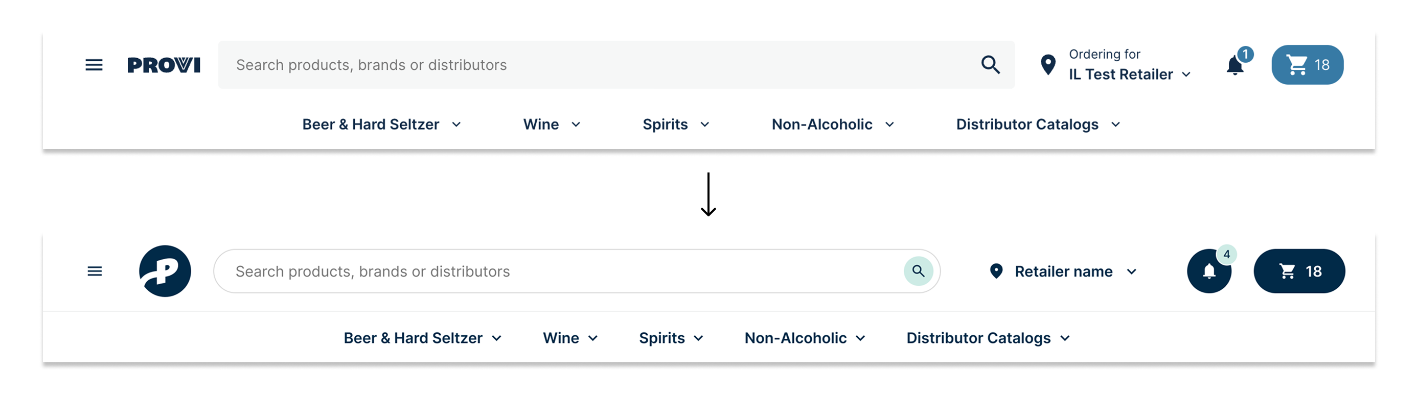 Before-and-after comparison of Provi’s global navigation: the original light-background nav with wordmark logo, and the redesigned dark nav with an icon-only logo mark, pill-shaped search field, and updated cart and notification buttons