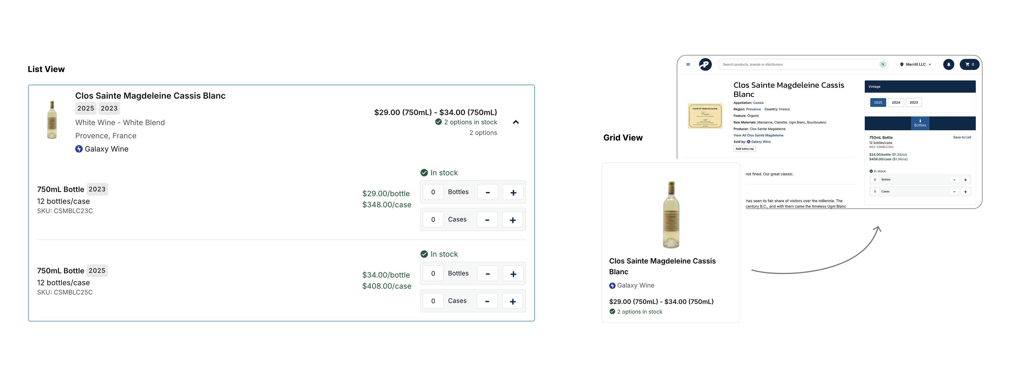 Comparison of the original product card in List View, which shows full pricing and stock detail inline per bottle option, against Grid View’s compact card, which omits that detail — requiring a click into the full product detail page to see the same pricing