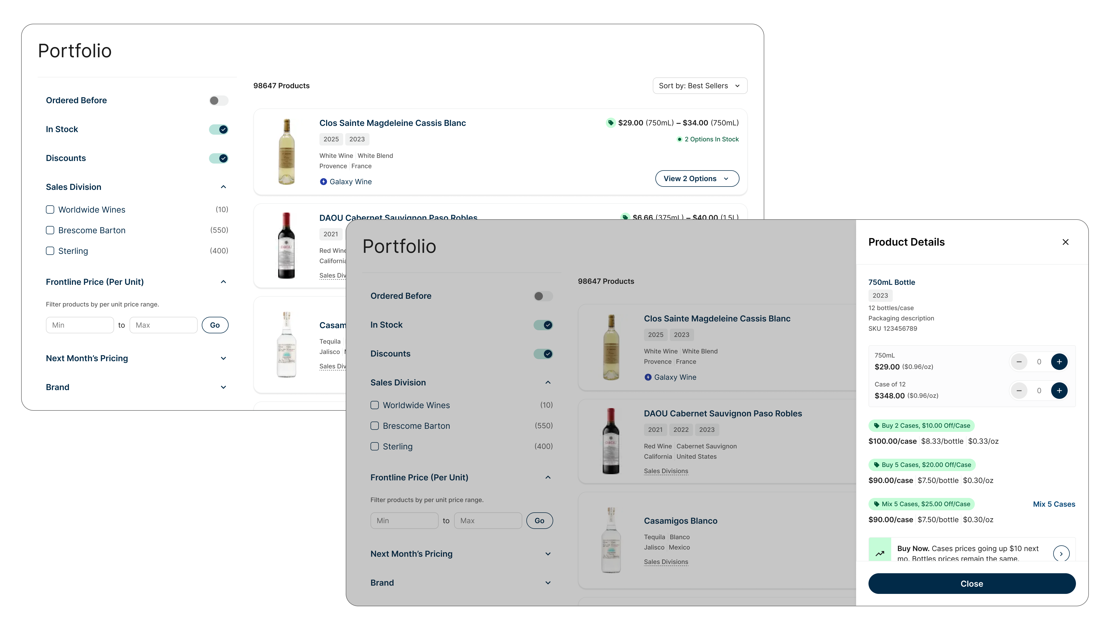 Final redesigned Portfolio marketplace screen showing a filterable product list of wine bottles with pricing and stock info, and an overlaid Product Details panel showing discount tiers