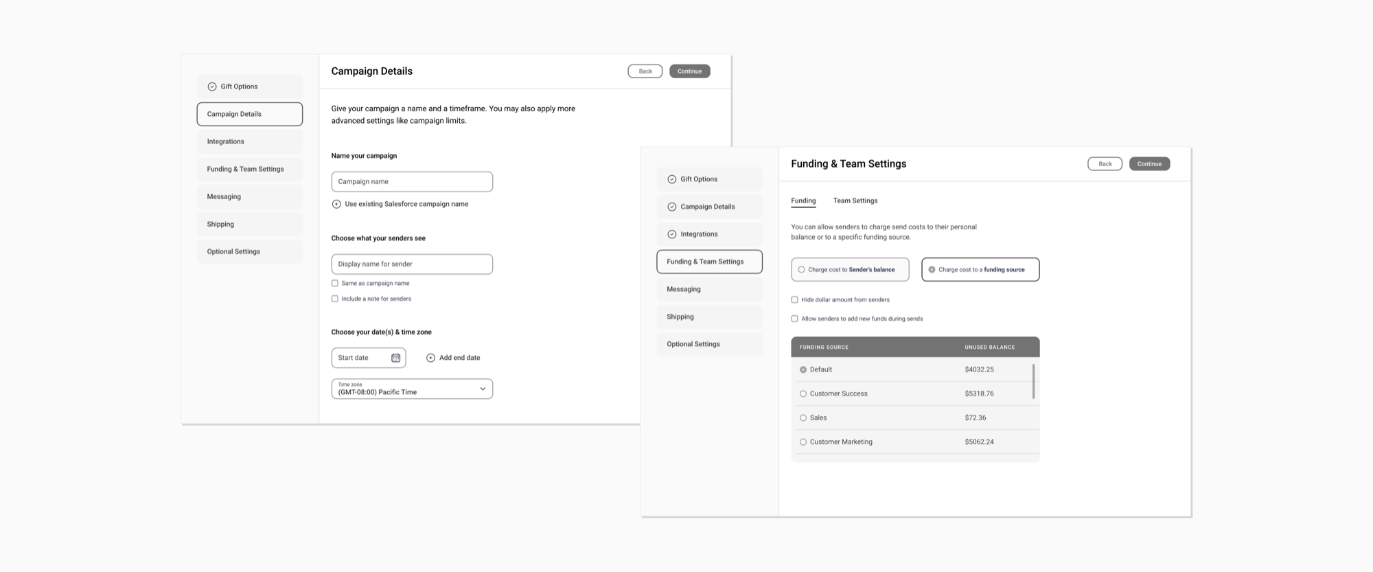 The Campaign Details step for naming and scheduling a campaign, and the Funding & Team Settings step for choosing a funding source and team access.