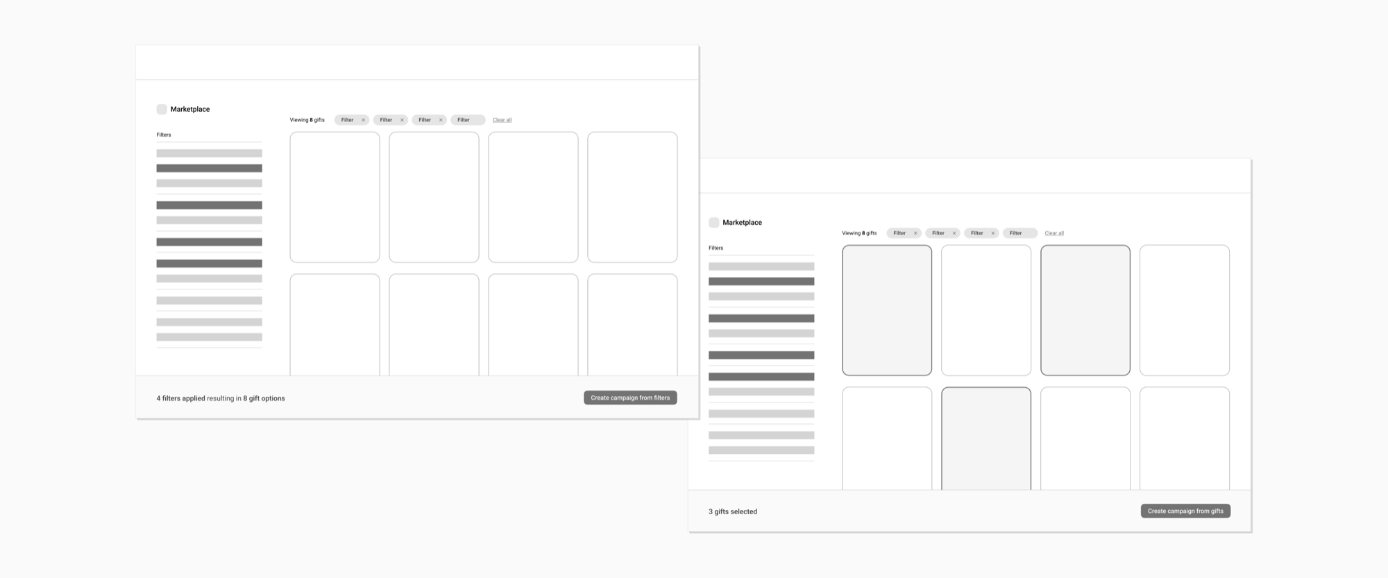 Low-fidelity wireframes of two paths to build a campaign: filtering the Marketplace down to a set of criteria, or selecting individual gifts directly.