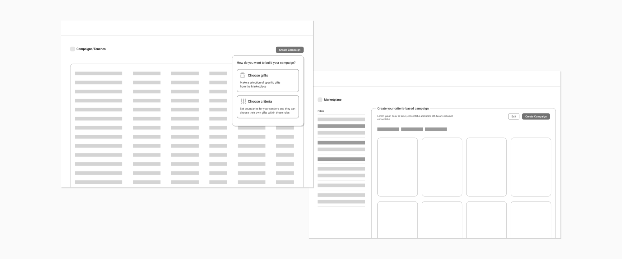 A choice prompt asking whether to build a campaign by choosing specific gifts or by setting criteria, followed by a criteria-based campaign builder wireframe.