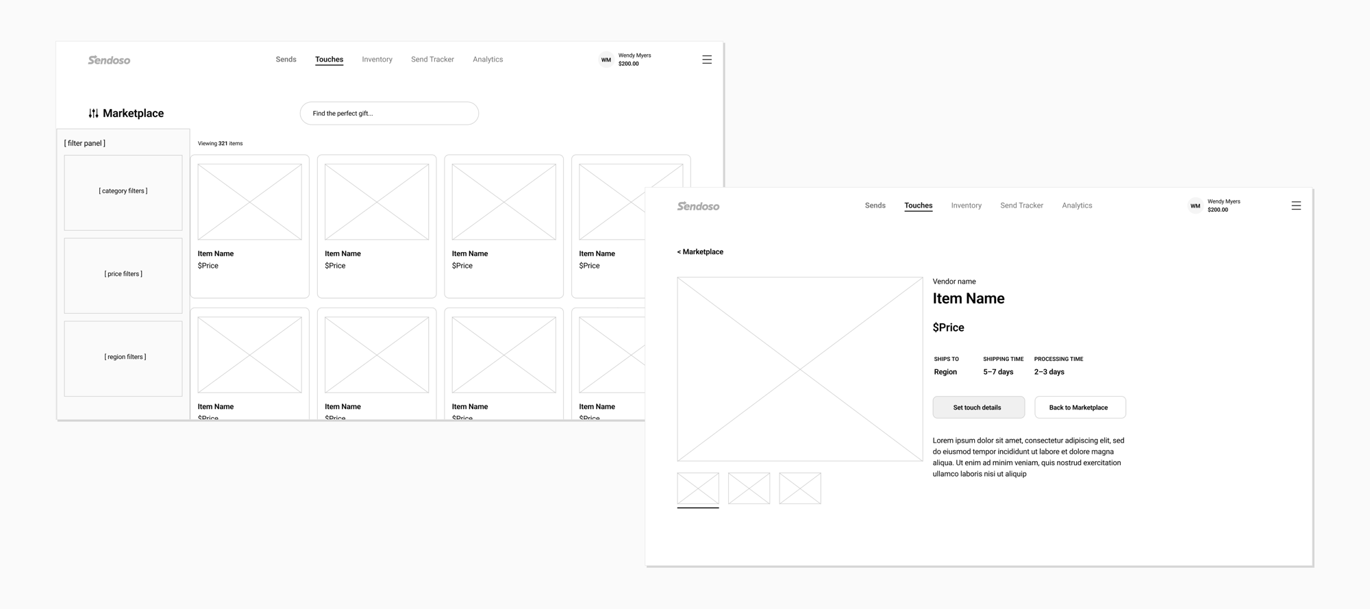 Low-fidelity wireframes of the Marketplace grid with filters and search, and an item detail page with pricing, shipping details, and a back-to-Marketplace action.