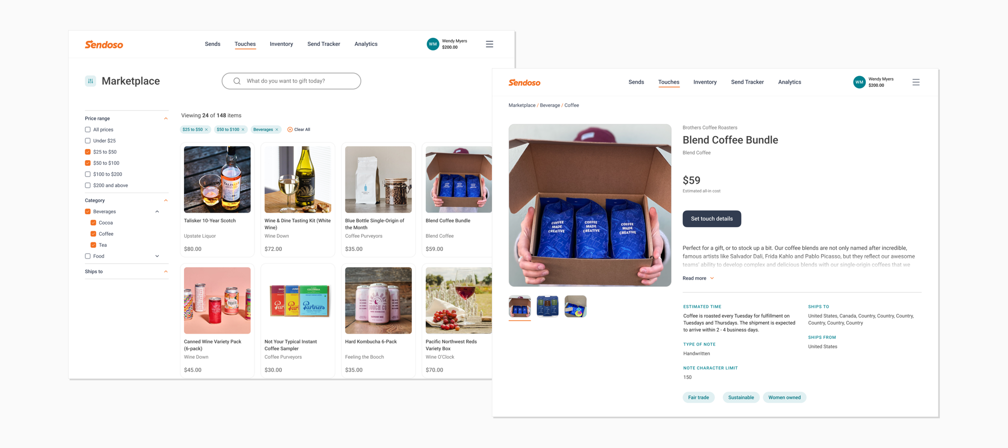 The Marketplace filtered to beverages under $100, and a Blend Coffee Bundle product detail page with pricing, shipping estimates, and sourcing tags like Fair Trade and Sustainable.