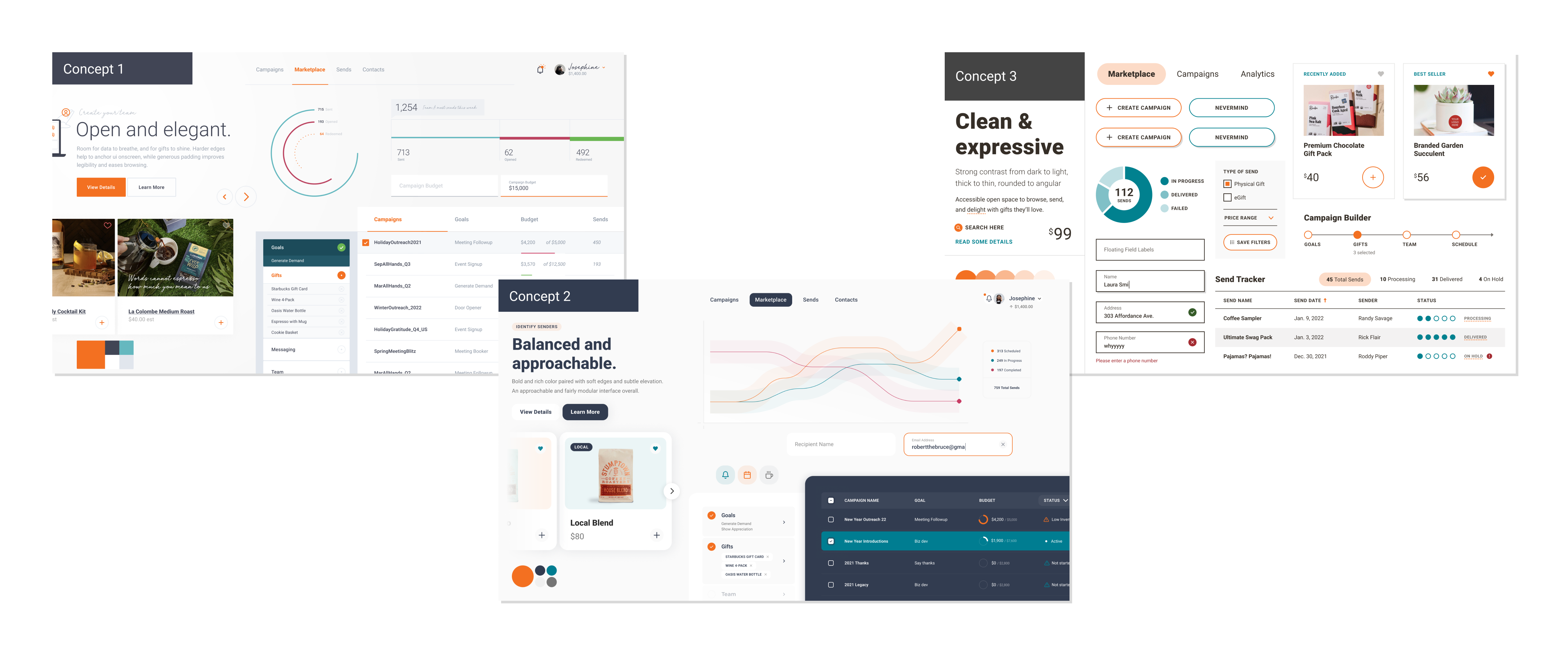 Three visual style concepts for Sendoso’s dashboard, each applied to the same marketplace/campaign UI: Concept 1 “Open and elegant” (soft, generous padding), Concept 2 “Balanced and approachable” (bold color, soft edges), and Concept 3 “Clean & expressive” (high contrast, angular)